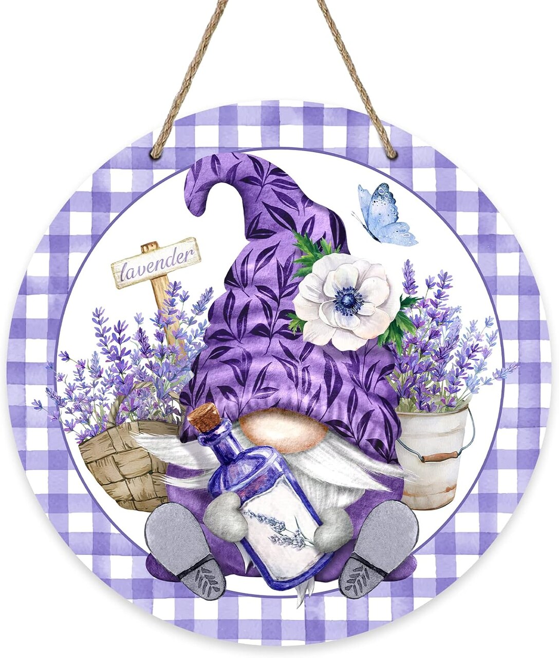 Gnome Lavender Flower Sign for Front Door Decor, Anemone Purple Buffalo Plaid Wood Door Hanger for Outdoor Outside Porch, Summer Farmhouse Wooden Wreath Indoor Wall Hanging Decoration